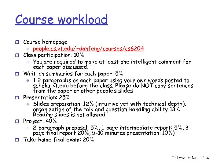 Course workload r Course homepage people. cs. vt. edu/~danfeng/courses/cs 6204 Class participation: 10% v