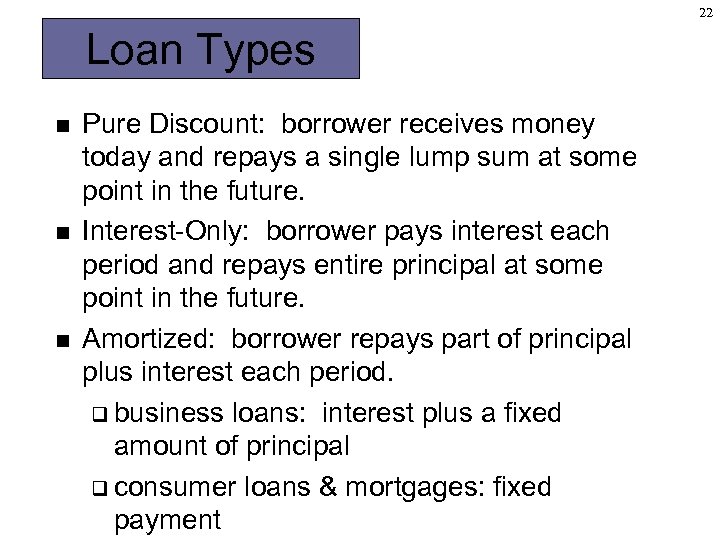 22 Loan Types n n n Pure Discount: borrower receives money today and repays