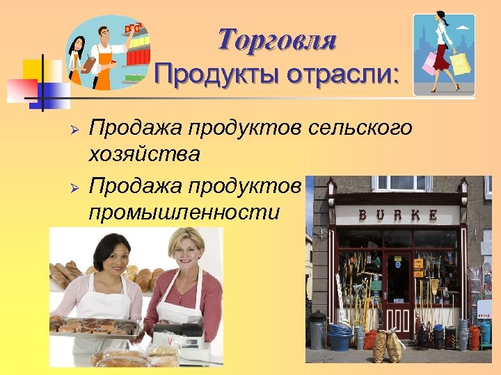 Торговля Продукты отрасли: Ø Ø Продажа продуктов сельского хозяйства Продажа продуктов промышленности 