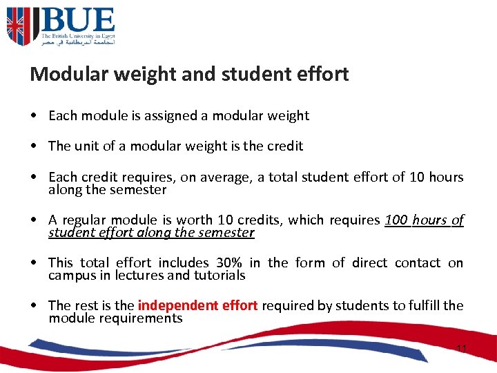 Modular weight and student effort • Each module is assigned a modular weight •