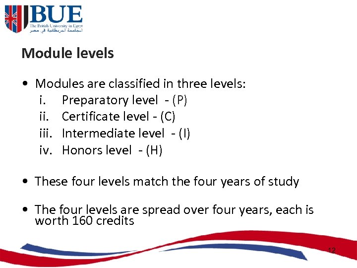 Module levels • Modules are classified in three levels: i. Preparatory level - (P)