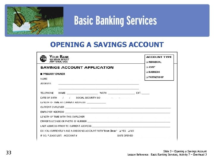 OPENING A SAVINGS ACCOUNT 33 Slide 3 – Opening a Savings Account Lesson Reference: