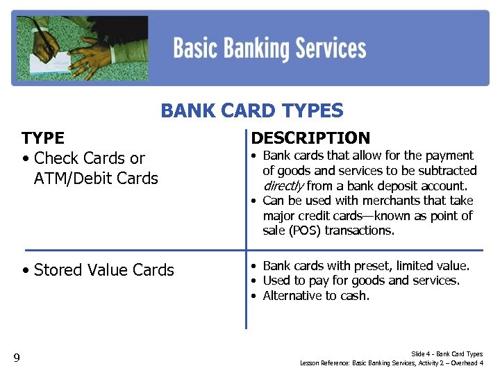 BANK CARD TYPES TYPE • Check Cards or ATM/Debit Cards • Stored Value Cards