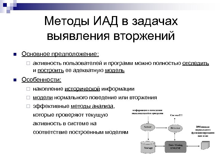 Методы ИАД в задачах выявления вторжений n Основное предположение: ¨ n активность пользователей и