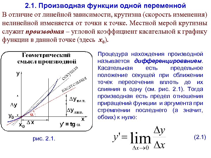 2. 1. Производная функции одной переменной В отличие от линейной зависимости, крутизна (скорость изменения)