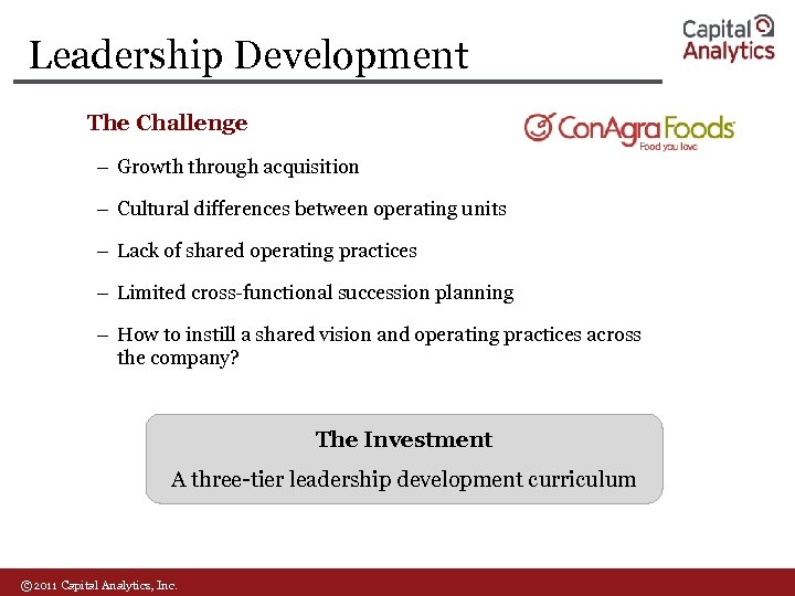 Leadership Development The Challenge – Growth through acquisition – Cultural differences between operating units