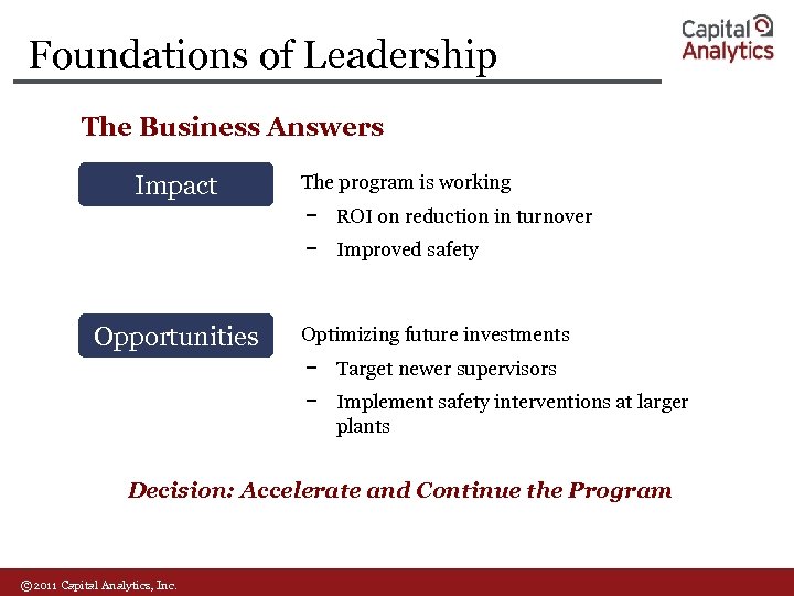 Foundations of Leadership The Business Answers Impact The program is working − ROI on