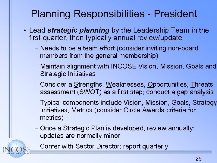 Planning Responsibilities - President • Lead strategic planning by the Leadership Team in the