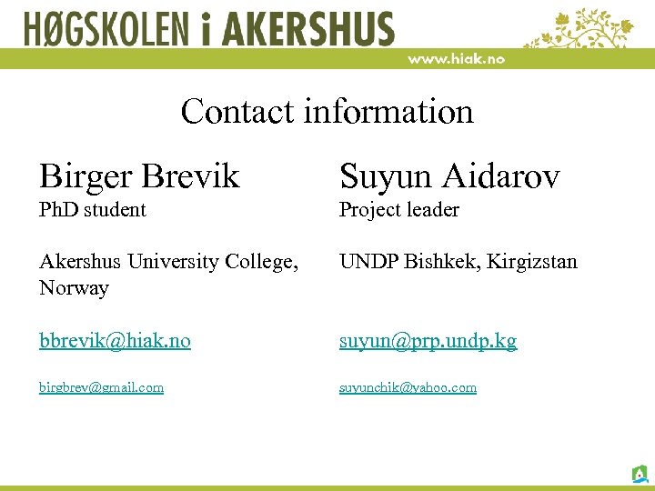 Contact information Birger Brevik Suyun Aidarov Ph. D student Akershus University College, Norway Project