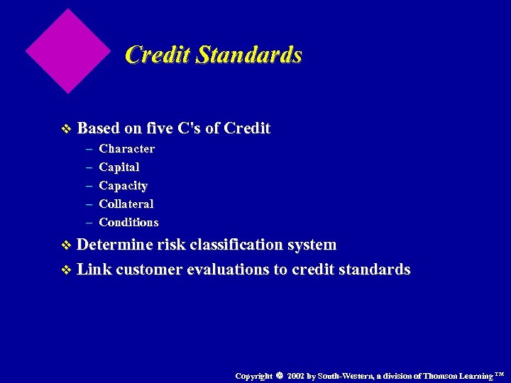 Credit Standards v Based on five C's of Credit – Character – Capital –