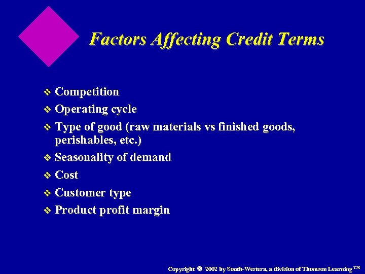 Factors Affecting Credit Terms v Competition v Operating cycle v Type of good (raw