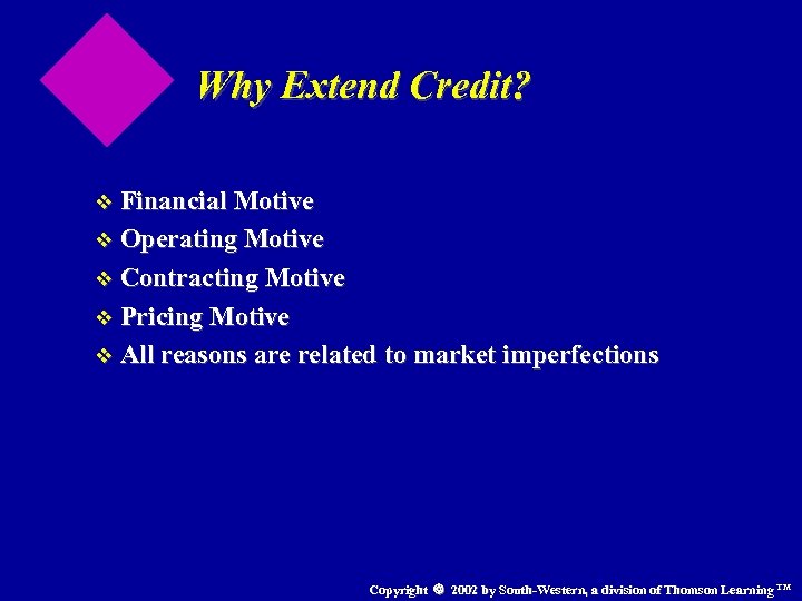 Why Extend Credit? v Financial Motive v Operating Motive v Contracting Motive v Pricing