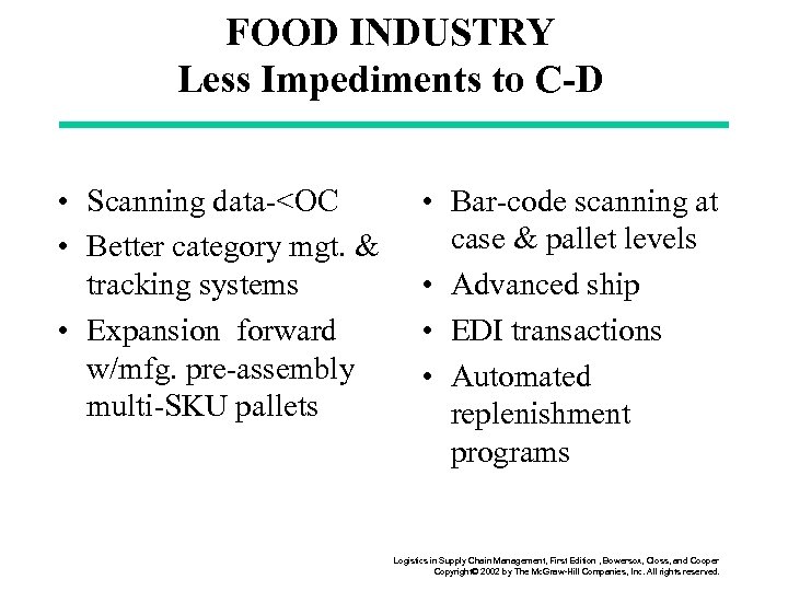 FOOD INDUSTRY Less Impediments to C-D • Scanning data-<OC • Better category mgt. &