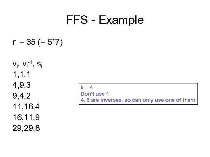 FFS - Example n = 35 (= 5*7) vi, vi-1, si 1, 1, 1