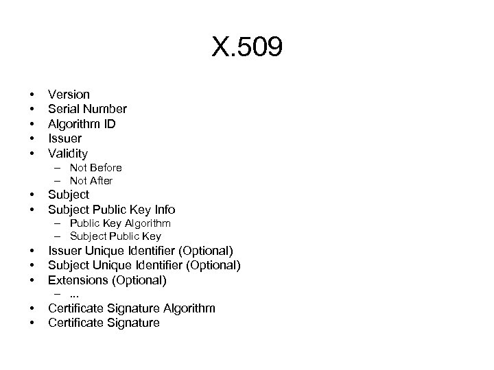 X. 509 • • • Version Serial Number Algorithm ID Issuer Validity – Not