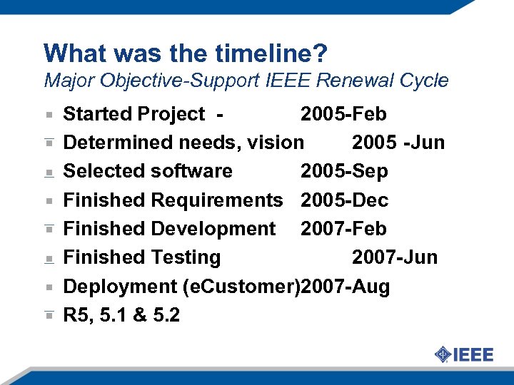 What was the timeline? Major Objective-Support IEEE Renewal Cycle Started Project 2005 -Feb Determined