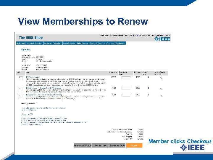 View Memberships to Renew Member clicks Checkout 