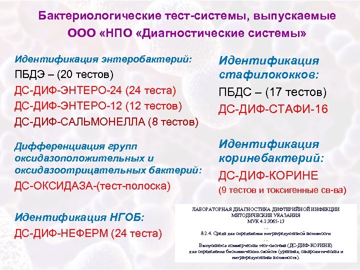Бактериологические тест-системы, выпускаемые ООО «НПО «Диагностические системы» Идентификация энтеробактерий: ПБДЭ – (20 тестов) ДС-ДИФ-ЭНТЕРО-24