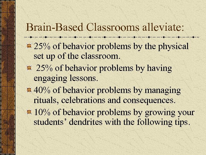 Brain-Based Classrooms alleviate: 25% of behavior problems by the physical set up of the