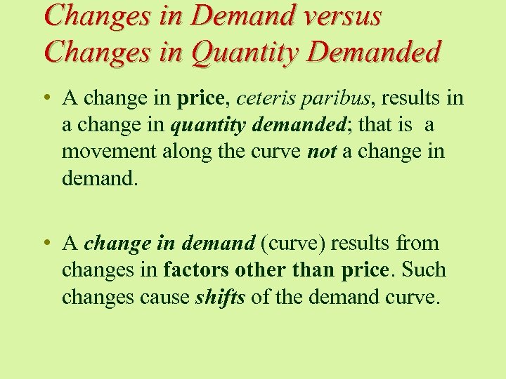 Changes in Demand versus Changes in Quantity Demanded • A change in price, ceteris