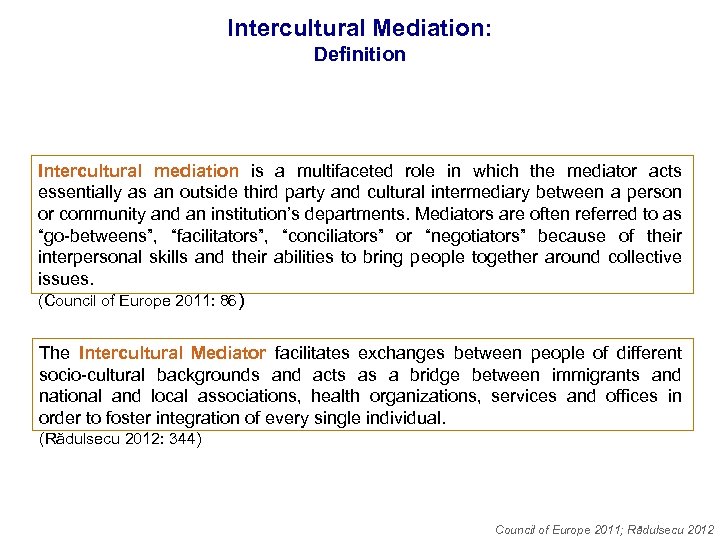 Intercultural Mediation: Definition Intercultural mediation is a multifaceted role in which the mediator acts
