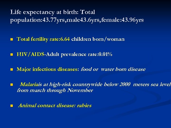 Life expectancy at birth: Total population: 43. 77 yrs, male 43. 6 yrs, female: