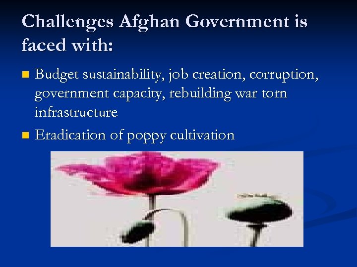 Challenges Afghan Government is faced with: Budget sustainability, job creation, corruption, government capacity, rebuilding