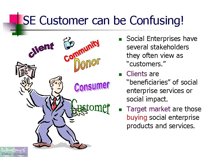 SE Customer can be Confusing! n n n Social Enterprises have several stakeholders they