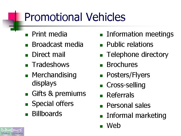 Promotional Vehicles n n n n Print media Broadcast media Direct mail Tradeshows Merchandising