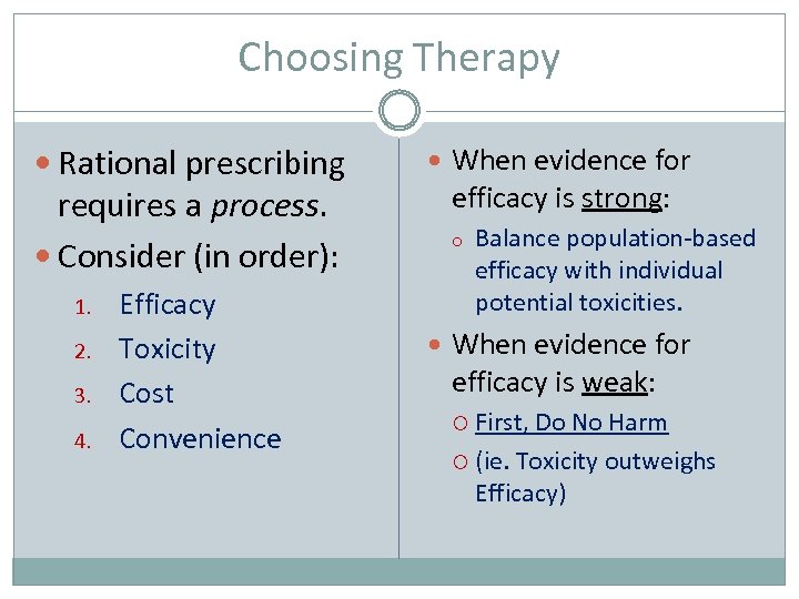 Choosing Therapy Rational prescribing requires a process. Consider (in order): 1. 2. 3. 4.