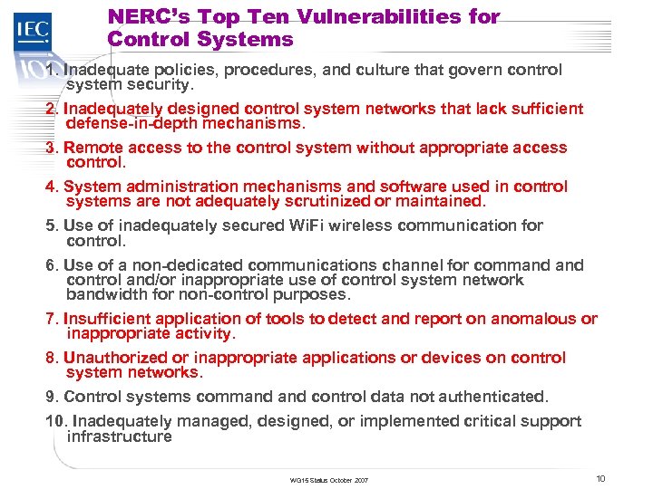 TC 57 NERC’s Top Ten Vulnerabilities for Control Systems 1. Inadequate policies, procedures, and