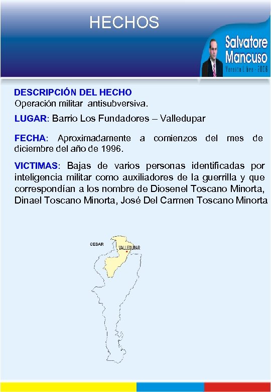 HECHOS DESCRIPCIÓN DEL HECHO Operación militar antisubversiva. LUGAR: Barrio Los Fundadores – Valledupar FECHA: