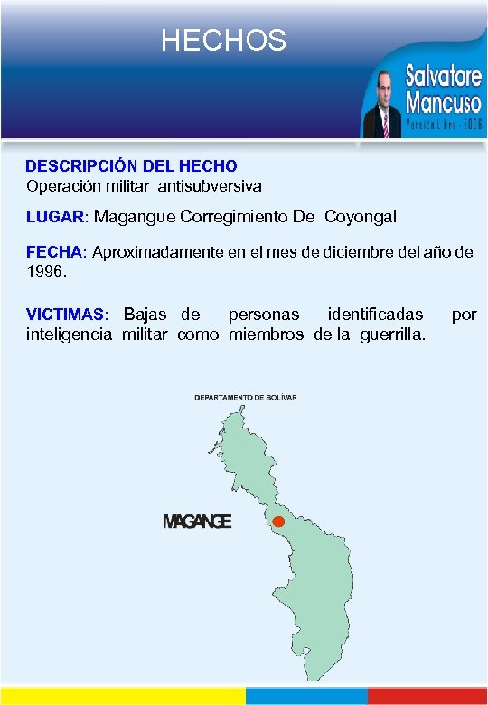 HECHOS DESCRIPCIÓN DEL HECHO Operación militar antisubversiva LUGAR: Magangue Corregimiento De Coyongal FECHA: Aproximadamente