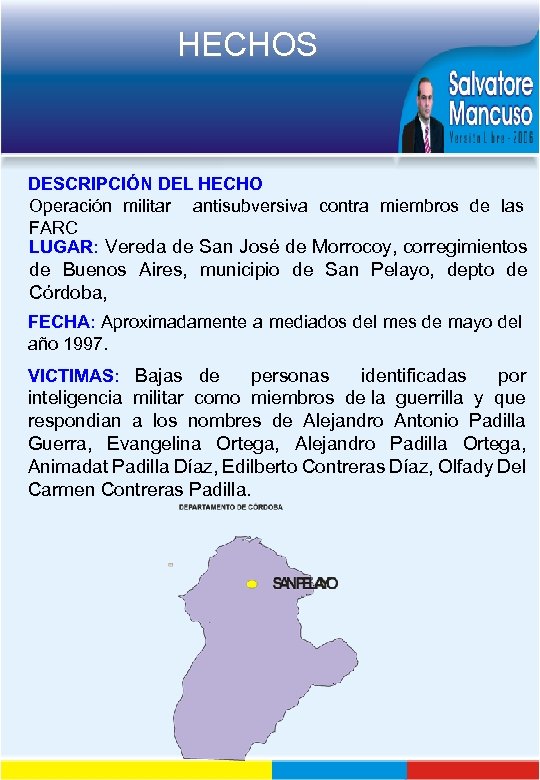 HECHOS DESCRIPCIÓN DEL HECHO Operación militar antisubversiva contra miembros de las FARC LUGAR: Vereda