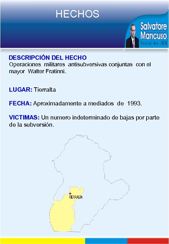 HECHOS DESCRIPCIÓN DEL HECHO Operaciones militares antisubversivas conjuntas con el mayor Walter Fratinni. LUGAR: