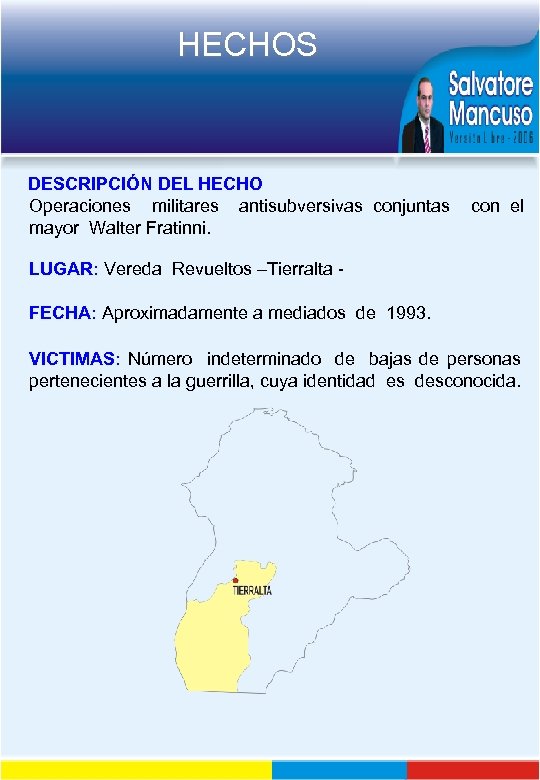 HECHOS DESCRIPCIÓN DEL HECHO Operaciones militares antisubversivas conjuntas mayor Walter Fratinni. con el LUGAR: