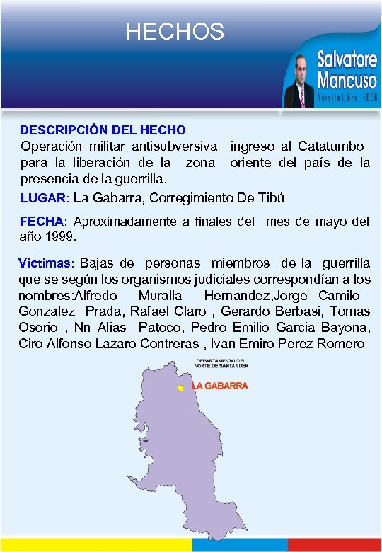 HECHOS DESCRIPCIÓN DEL HECHO Operación militar antisubversiva ingreso al Catatumbo para la liberación de