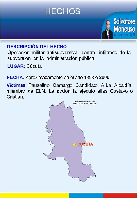 HECHOS DESCRIPCIÓN DEL HECHO Operación militar antisubversiva contra infiltrado de la subversión en la