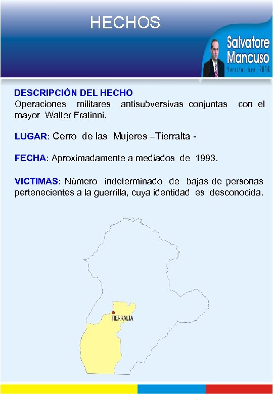 HECHOS DESCRIPCIÓN DEL HECHO Operaciones militares antisubversivas conjuntas mayor Walter Fratinni. con el LUGAR: