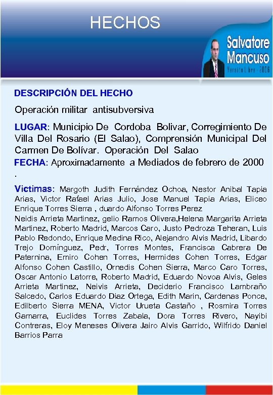 HECHOS DESCRIPCIÓN DEL HECHO Operación militar antisubversiva LUGAR: Municipio De Cordoba Bolivar, Corregimiento De