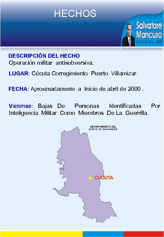 HECHOS DESCRIPCIÓN DEL HECHO Operación militar antisubversiva. LUGAR: Cúcuta Corregimiento Puerto Villamizar. FECHA: Aproximadamente