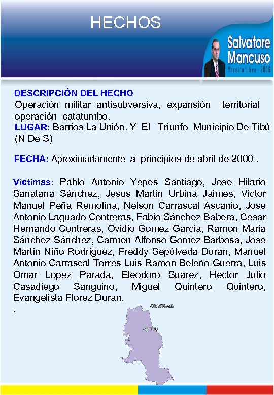 HECHOS DESCRIPCIÓN DEL HECHO Operación militar antisubversiva, expansión territorial operación catatumbo. LUGAR: Barrios La