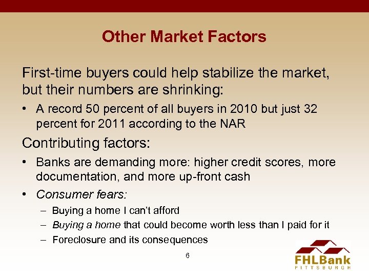 Other Market Factors First-time buyers could help stabilize the market, but their numbers are