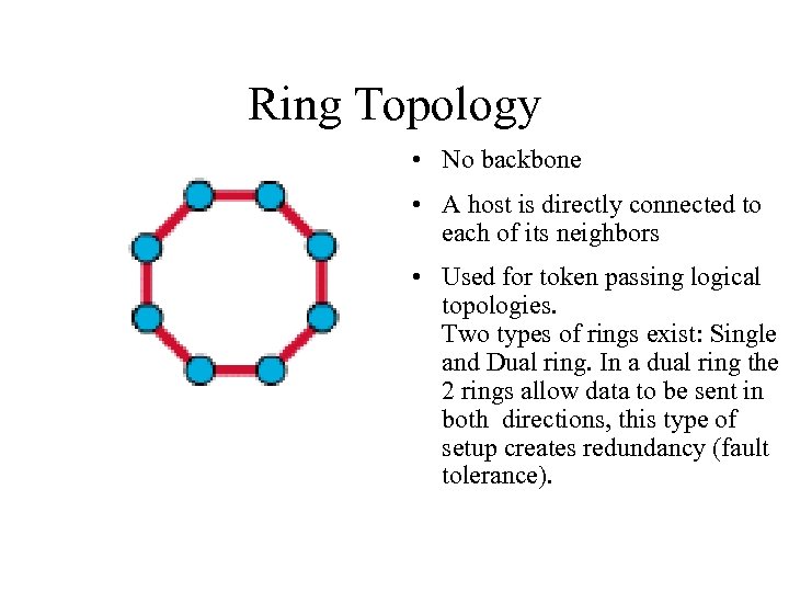 Ring Topology • No backbone • A host is directly connected to each of