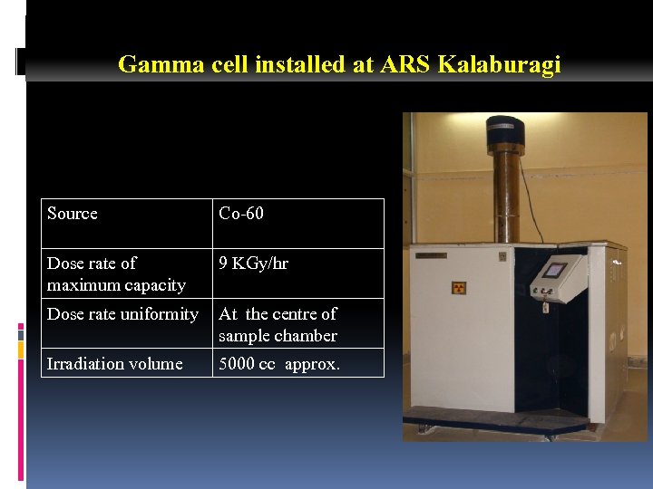 Gamma cell installed at ARS Kalaburagi Source Co-60 Dose rate of maximum capacity 9
