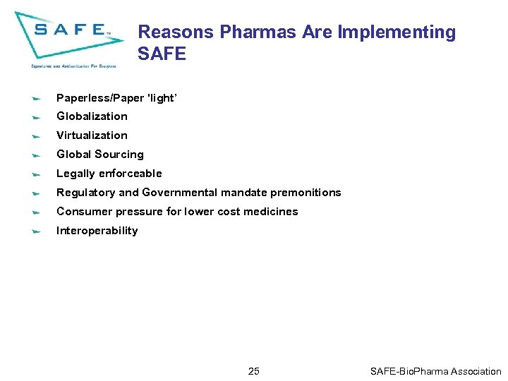 Reasons Pharmas Are Implementing SAFE Paperless/Paper 'light’ Globalization Virtualization Global Sourcing Legally enforceable Regulatory