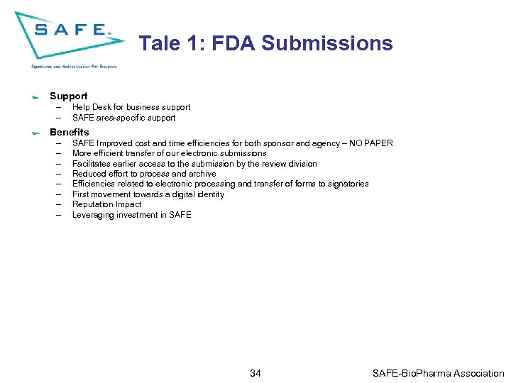 Tale 1: FDA Submissions Support – – Help Desk for business support SAFE area-specific