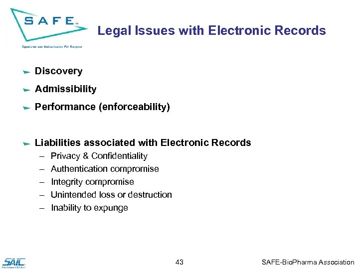 Legal Issues with Electronic Records Discovery Admissibility Performance (enforceability) Liabilities associated with Electronic Records
