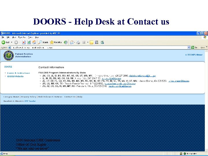 DOORS - Help Desk at Contact us 2009 National DBE Conference Office of Civil