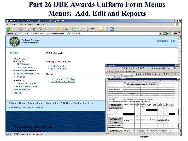 Part 26 DBE Awards Uniform Form Menus: Add, Edit and Reports 2009 National DBE